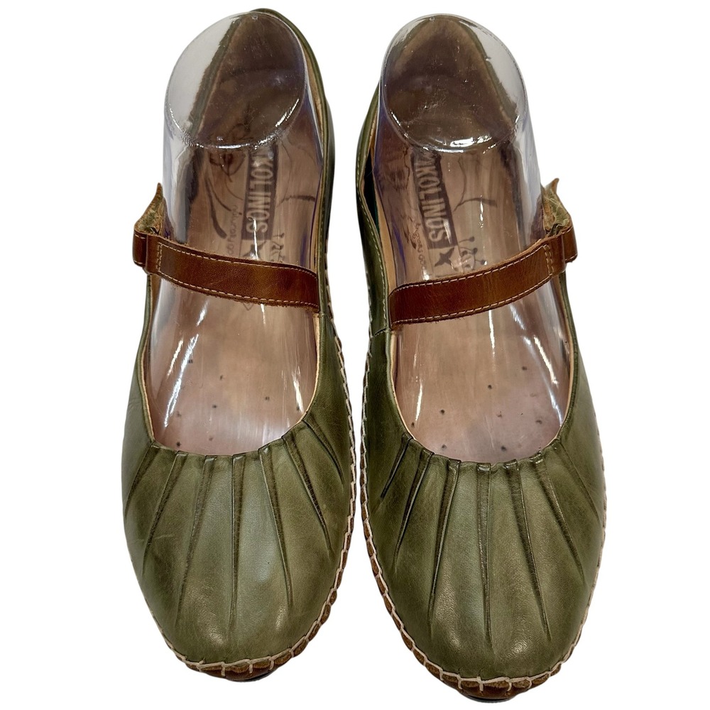 NWOB Pikolinos Women's Olive Green Leather Pleated Mary Jane Flats Size 39/8.5-9